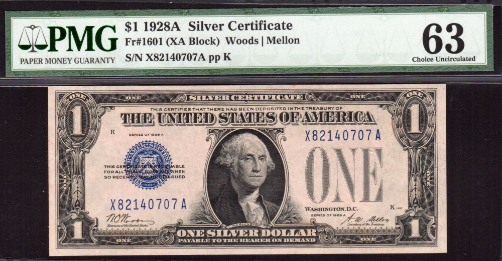 Fr.1601, 1928A $1 Silver Certificate, Choice CU, PMG-63, X82140707A